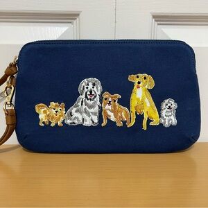 Talbots Navy Blue Canvas Wristlet Adorable Dogs Design Embroidery